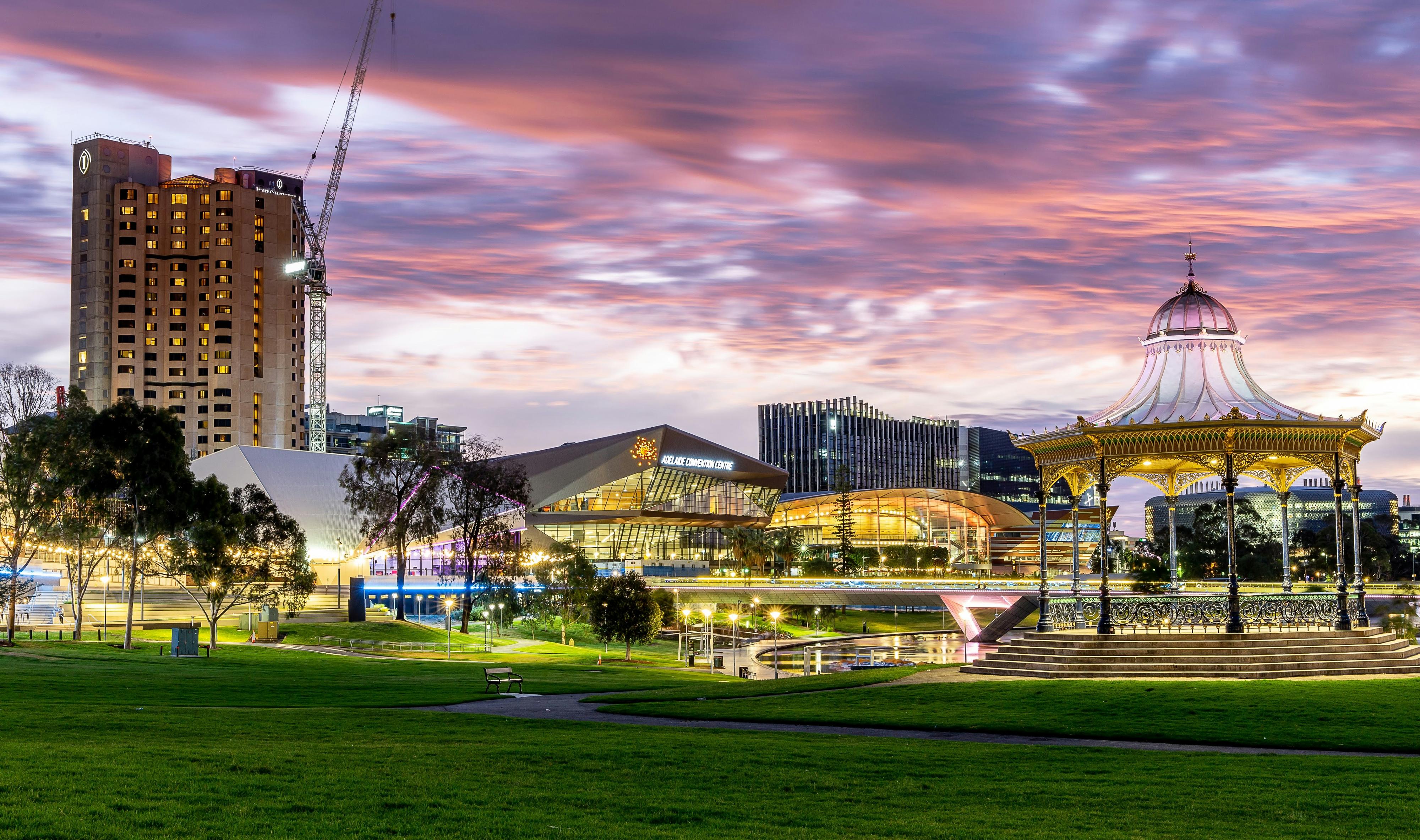 The sun setting over the Adelaide Riverbank.