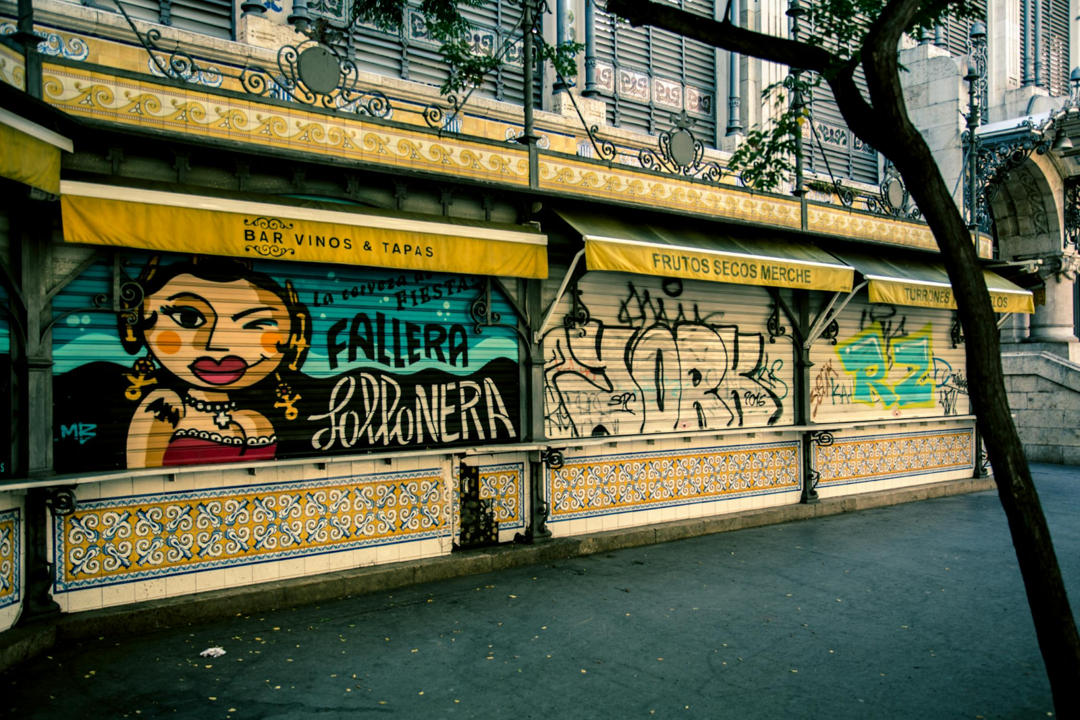 A tapas bar in Madrid with the shutters down